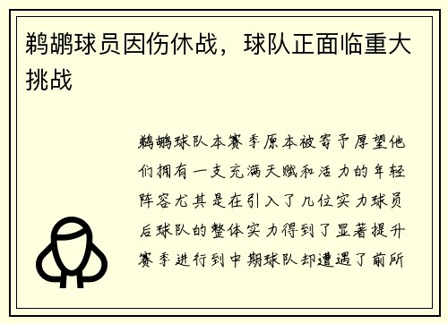 鹈鹕球员因伤休战，球队正面临重大挑战