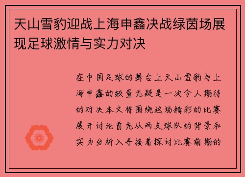 天山雪豹迎战上海申鑫决战绿茵场展现足球激情与实力对决