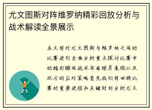 尤文图斯对阵维罗纳精彩回放分析与战术解读全景展示