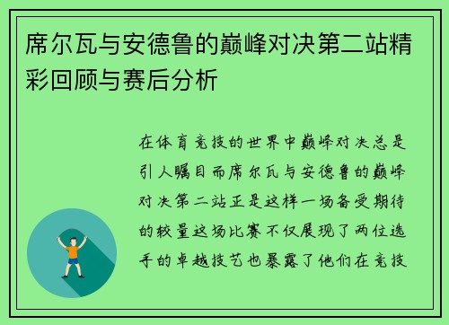 席尔瓦与安德鲁的巅峰对决第二站精彩回顾与赛后分析